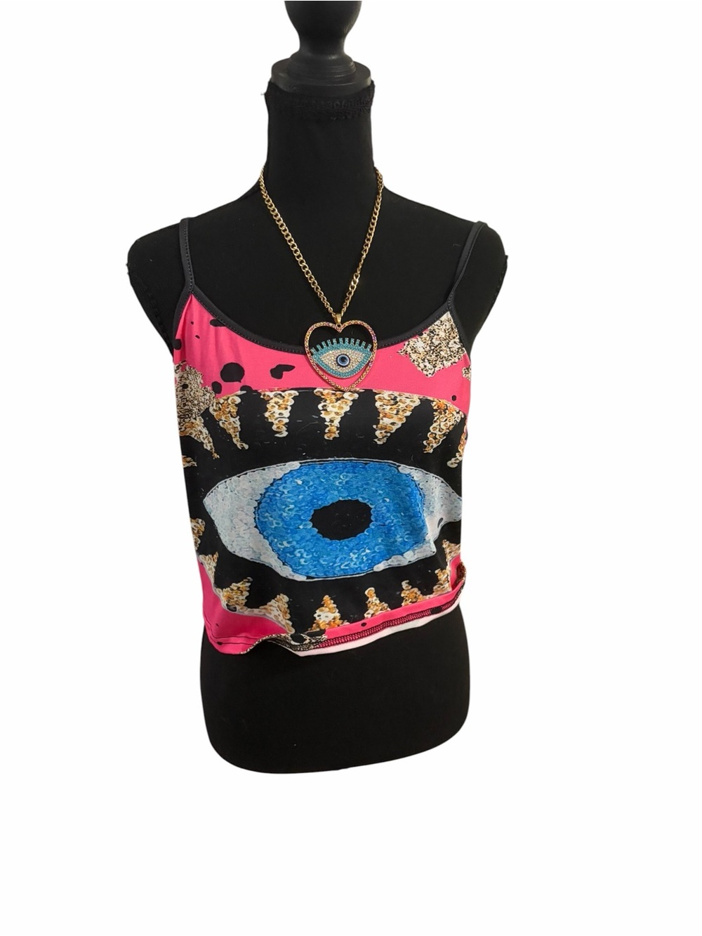 Y2K Pink Evil Eye Graphic Crop Cami Festival Tank Top